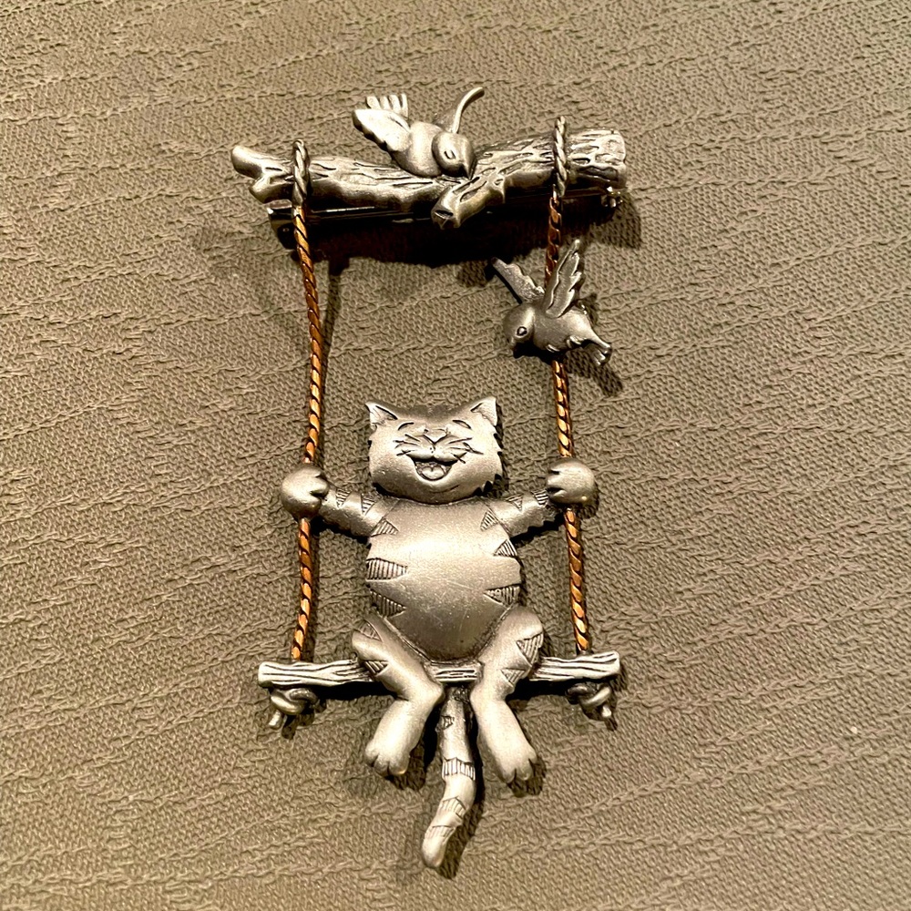 JJ Happy cat on a swing pin brooch